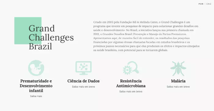 imagem de um website com fundo branco sobre o Grand Challenges Brazil
