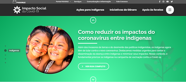 imagem de um website com fundo verde sobre reduzir a covid em sociedades indígenas